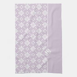 Witte Bloem Tegelpatroon op Roze Rand Monogram Theedoek