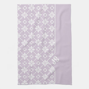 Witte Bloem Tegelpatroon op Roze Rand Monogram Theedoek