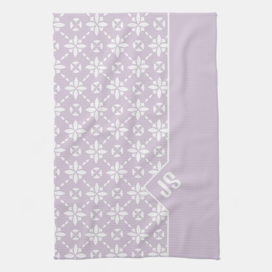 Witte Bloem Tegelpatroon op Roze Rand Monogram Theedoek (Verticaal)