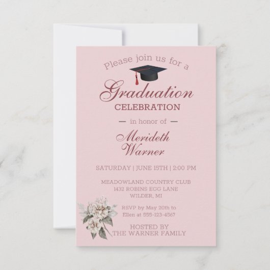 Witte bloem zilveren lijst op roze afstudeercadeau aankondiging (Achterkant)