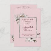 Witte bloem zilveren lijst op roze afstudeercadeau aankondiging (Voorkant / Achterkant)