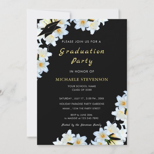 Witte Bloem Zwart Afstuderen Invitation Gouden Tek (Voorkant)
