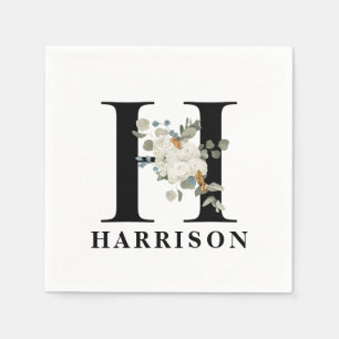 Witte Bloem Zwarte Monogram H Servet