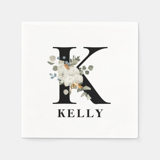Witte Bloem Zwarte Monogram K Servet (Voorkant)