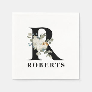 Witte Bloem Zwarte Monogram R Servet