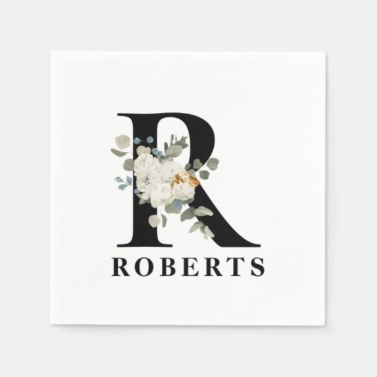 Witte Bloem Zwarte Monogram R Servet (Voorkant)