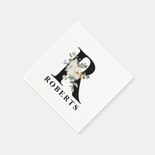 Witte Bloem Zwarte Monogram R Servet (Hoek)