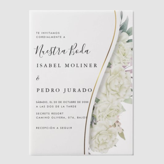 Witte bloemblaadje Nuestra Boda Spaanse bruiloft Vellum Uitnodigingen (Voorkant)