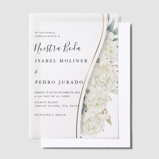 Witte bloemblaadje Nuestra Boda Spaanse bruiloft Vellum Uitnodigingen (Offset)