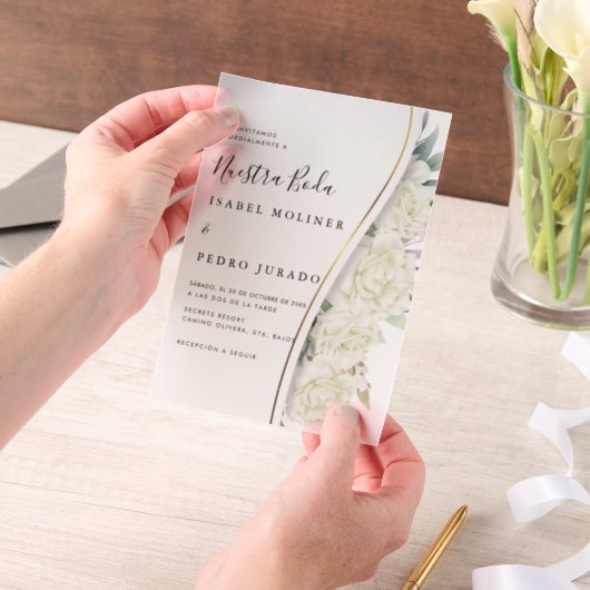 Witte bloemblaadje Nuestra Boda Spaanse bruiloft Vellum Uitnodigingen (Draagbaar)