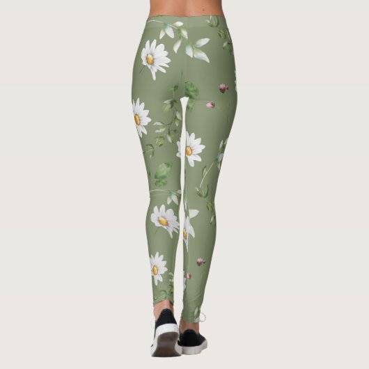 Witte bloemblaadje op olijfgroene achtergrond leggings (Achterkant)