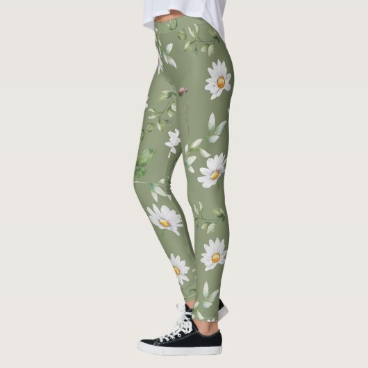 Witte bloemblaadje op olijfgroene achtergrond leggings (Links)