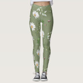 Witte bloemblaadje op olijfgroene achtergrond leggings (Voorkant)