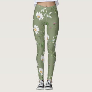 Witte bloemblaadje op olijfgroene achtergrond leggings