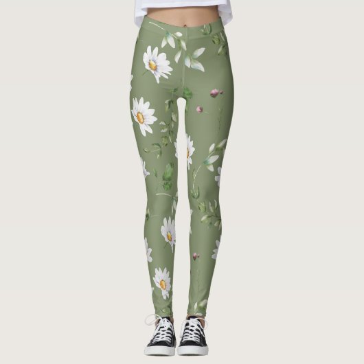 Witte bloemblaadje op olijfgroene achtergrond leggings (Voorkant)