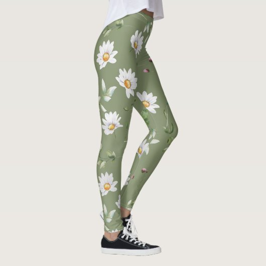Witte bloemblaadje op olijfgroene achtergrond leggings (Rechts)