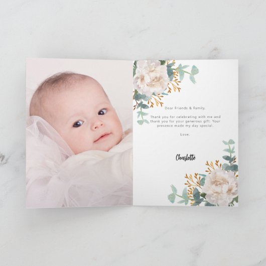 Witte bloemblaadjes eucalyptus kruis foto doop bedankkaart (Binnen)