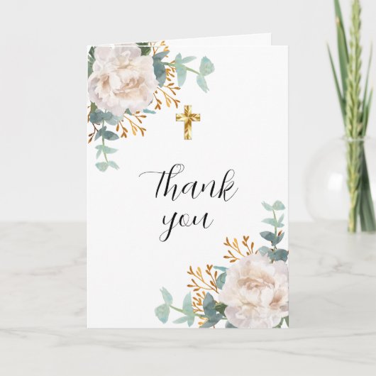 Witte bloemblaadjes eucalyptus kruisfoto bevestigi bedankkaart (Voorkant)