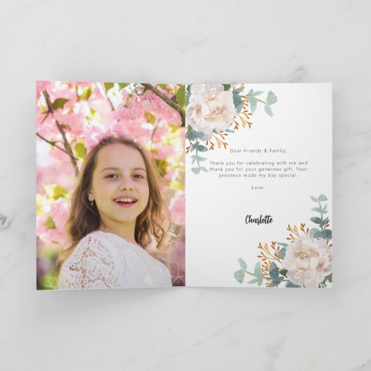 Witte bloemblaadjes eucalyptus kruisfoto bevestigi bedankkaart (Binnen)