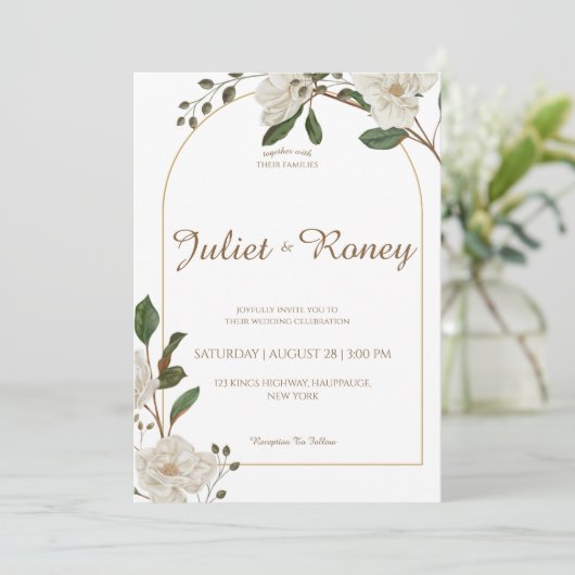 Witte Bloemboog bruiloft uitnodiging (Staand voorkant)