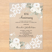 Witte bloemen 10e huwelijksverjaardag acryl uitnodigingen (Voorkant)