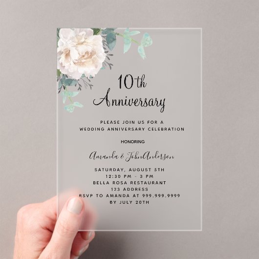 Witte bloemen 10e huwelijksverjaardag bevroren acryl uitnodigingen (Insitu (Draagbaar))