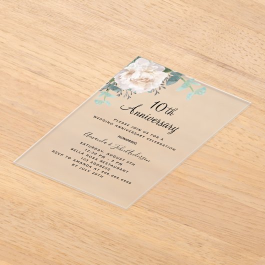 Witte bloemen 10e huwelijksverjaardag bevroren acryl uitnodigingen (Laagn)
