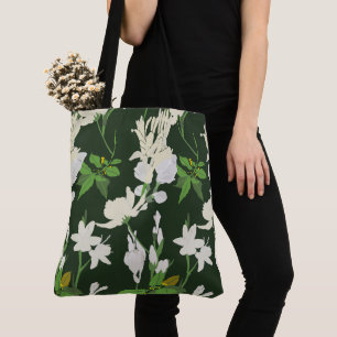 Witte bloemen 1 donkergroen tote bag