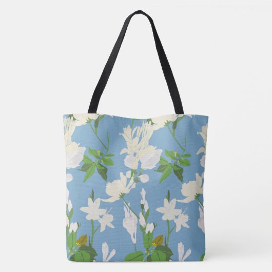 Witte bloemen 1 lichtblauw tote bag (Achterkant)