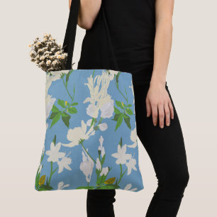 Witte bloemen 1 lichtblauw tote bag