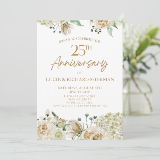 Witte Bloemen 25e Tien Bruiloft Jubileum Kaart (Staand voorkant)