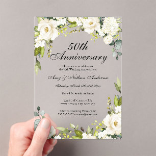 Witte bloemen 50ste bruiloft Jubileum Acryl Uitnodigingen