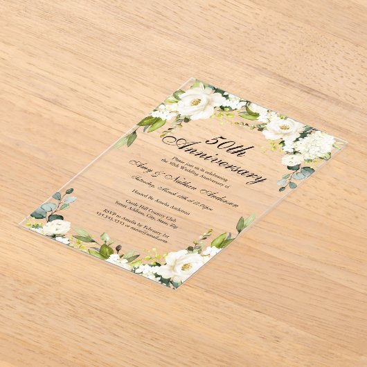 Witte bloemen 50ste bruiloft Jubileum Acryl Uitnodigingen (Laagn)