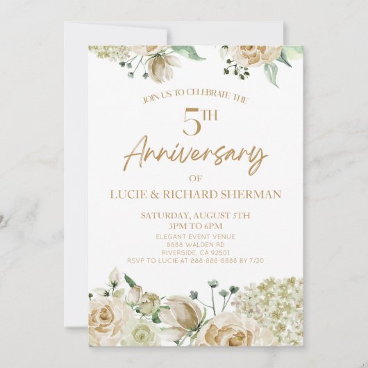 Witte Bloemen 5e Vijfde Bruiloft Jubileum Kaart (Voorkant)