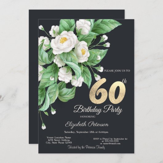 Witte bloemen 60e verjaardag kaart (Voorkant / Achterkant)