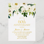 Witte Bloemen 60ste Huwelijksjubileum Goud Folie Uitnodiging (Voorkant)
