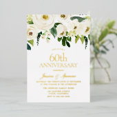 Witte Bloemen 60ste Huwelijksjubileum Goud Folie Uitnodiging (Staand Voorkant)