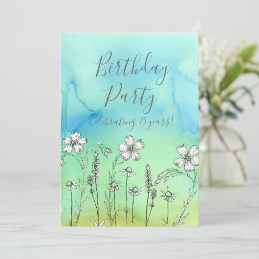 Witte bloemen 75e verjaardag uitnodiging (Staand voorkant)