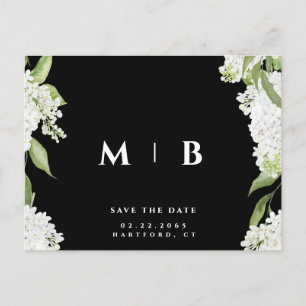 Witte Bloemen B/W Monogram Bruiloft Save the Date Briefkaart