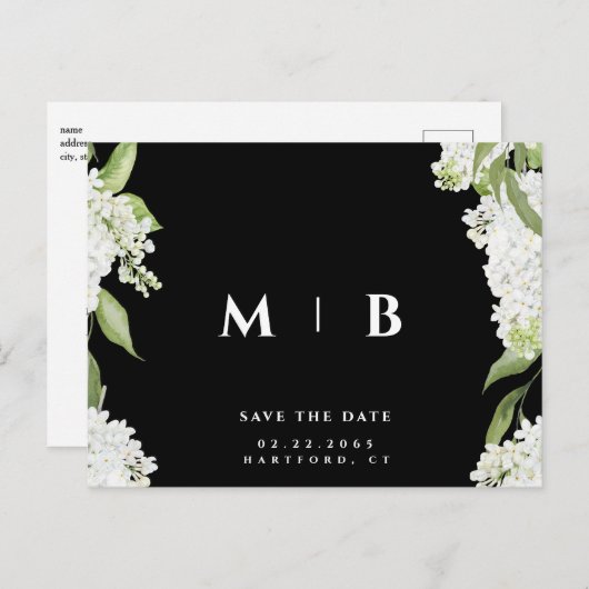 Witte Bloemen B/W Monogram Bruiloft Save the Date Briefkaart (Voorkant / Achterkant)