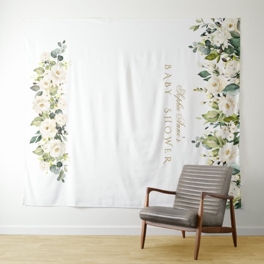 Witte Bloemen Baby Shower Fotohut Achtergrond Wandkleed (In Situ (horizontaal))