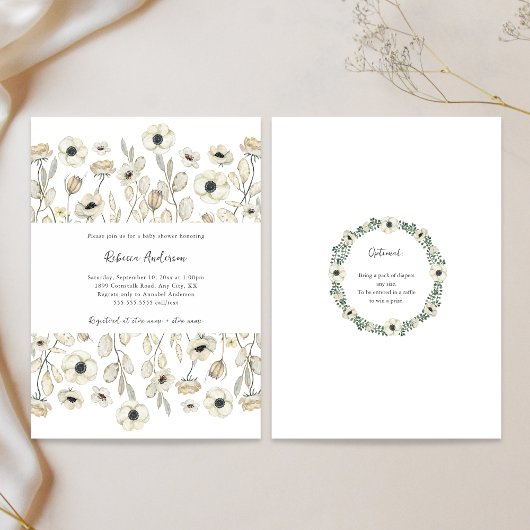 Witte Bloemen baby shower + luierverloting Kaart