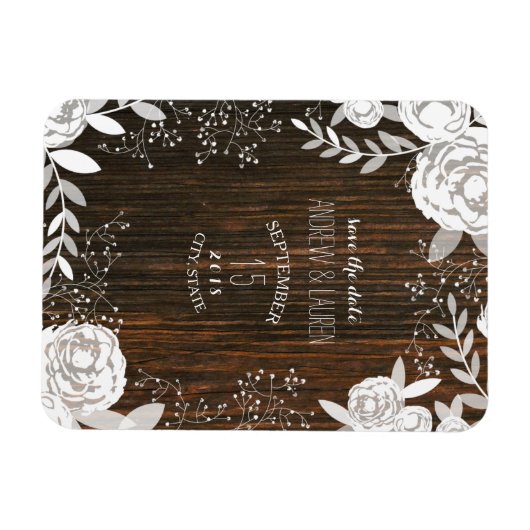 Witte Bloemen Barnwood geïnspireerd Save the Date Magneet (Horizontaal)
