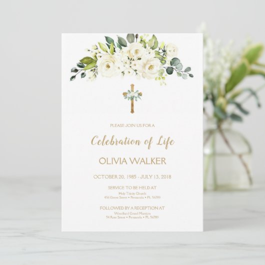 Witte bloemen Begrafenis Vieren van het leven Invi Kaart (Staand voorkant)