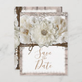 Witte Bloemen & Berk Rustieke Glam 'Save the Date' Aankondigingskaart (Voorkant / Achterkant)