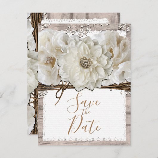 Witte Bloemen & Berk Rustieke Glam 'Save the Date' Aankondigingskaart (Voorkant / Achterkant)
