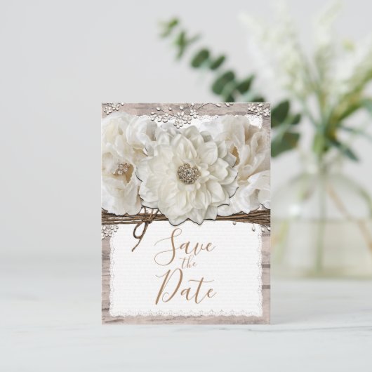 Witte Bloemen & Berk Rustieke Glam 'Save the Date' Aankondigingskaart (Staand voorkant)