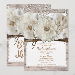 Witte Bloemen & Berken Rustieke Glam Bruidsshower Kaart