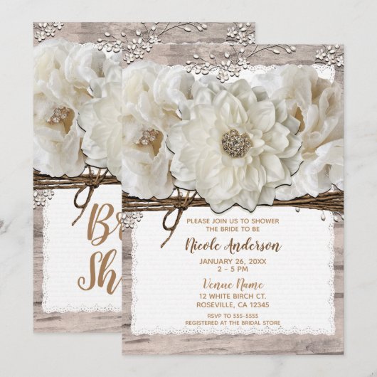 Witte Bloemen & Berken Rustieke Glam Bruiloftsshow Kaart (Voorkant / Achterkant)