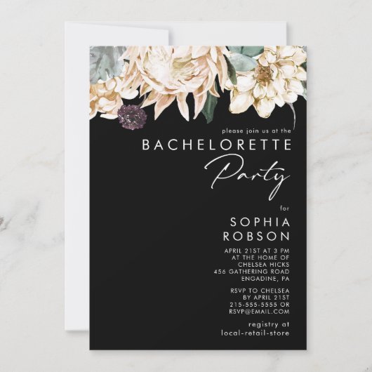 Witte Bloemen | Black Bachelorette Party uitnodigi Kaart (Voorkant)